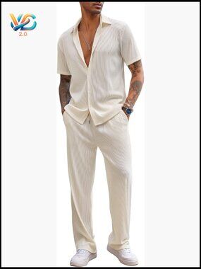 Men's 2 Piece Short Sleeve Button Down Shirt and Pants Set Casual Summer